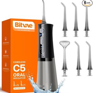 Bitvae C5 Water Dental Flosser for Teeth, Cordless Water Teeth Cleaner Picks, 3 Modes 5 Intensities, IPX7 Waterproof Water Flosser, 5 Tips Rechargeable Water Dental Picks for Cleaning - Black