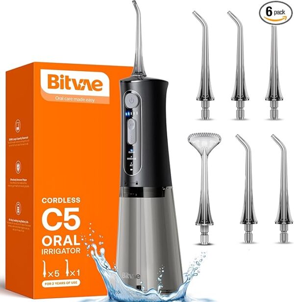 Bitvae C5 Water Dental Flosser for Teeth, Cordless Water Teeth Cleaner Picks, 3 Modes 5 Intensities, IPX7 Waterproof Water Flosser, 5 Tips Rechargeable Water Dental Picks for Cleaning - Black